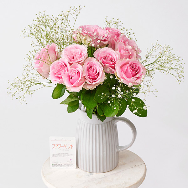 陶器花瓶（アンティーク水差し型Mサイズ）と　ピンク薔薇12本　花束ブーケ｜ギフト・インテリア・雑貨のECサイト（通信販売）